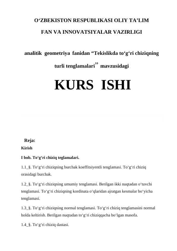 Tekislikda to‘gri chiziqning turli tenglamalari