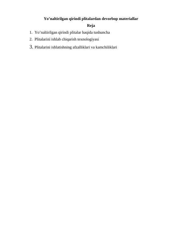Yo’naltirilgan qirindi plitalardan devorbop materiallar