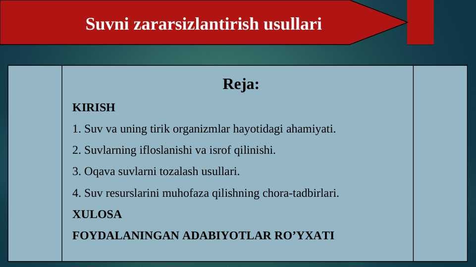 Suvni zararsizlantirish usullari