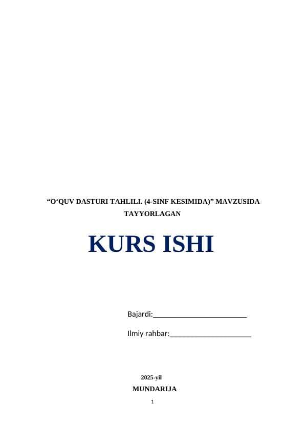 O‘QUV DASTURI TAHLILI. (4-SINF KESIMIDA)