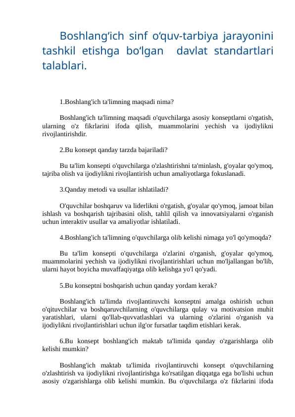 Tarbiya fanidan savollar to'plami