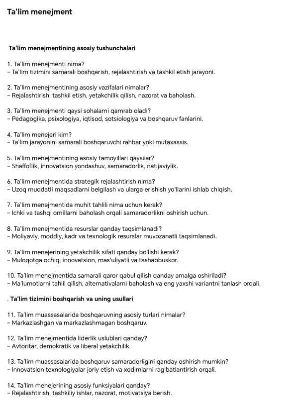 Ta'lim menejmentidan savollar javoblari bilan