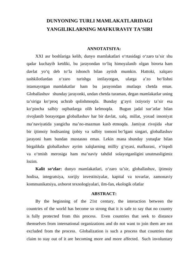 Dunyoning turli mamlakatlaridagi yangiliklarning mafkuraviy ta'siri