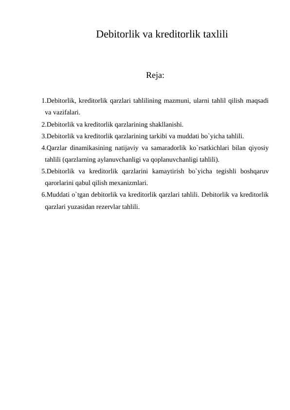Debitorlik va kreditorlik taxlili