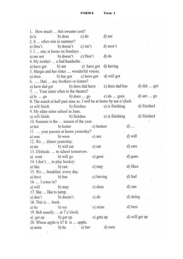 8 - sinf ingliz tili chorak test