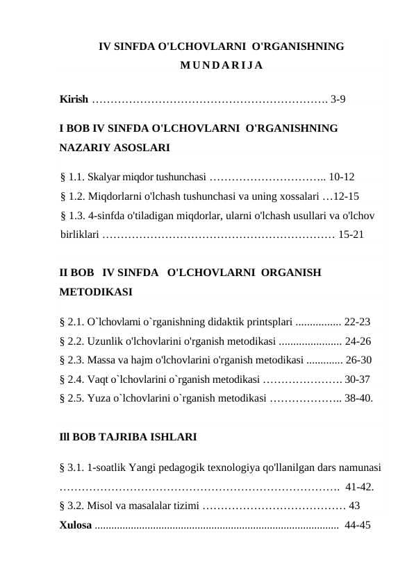 IV SINFDA O'LCHOVLARNI  O'RGANISHNING