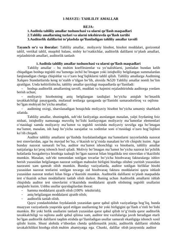 MAVZU: TAHLILIY AMALLAR