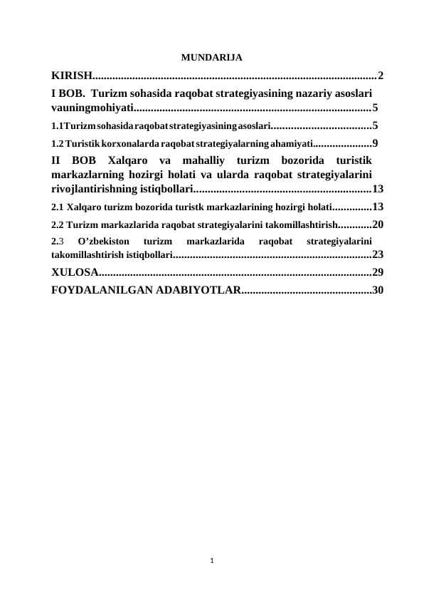 Turizm sohasida raqobat strategiyasi