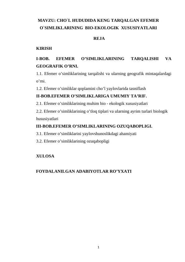 CHO`L HUDUDIDA KENG TARQALGAN EFEMER O`SIMLIKLARINING  BIO-EKOLOGIK  XUSUSIYATLARI