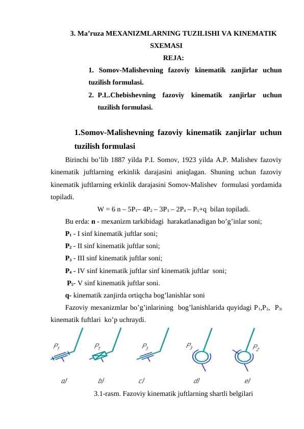 MEXANIZMLARNING TUZILISHI VA KINEMATIK SXEMASI