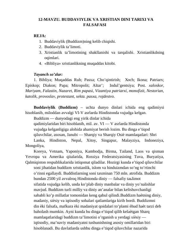 BUDDAVIYLIK VA XRISTIAN DINI TARIXI VA FALSAFASI