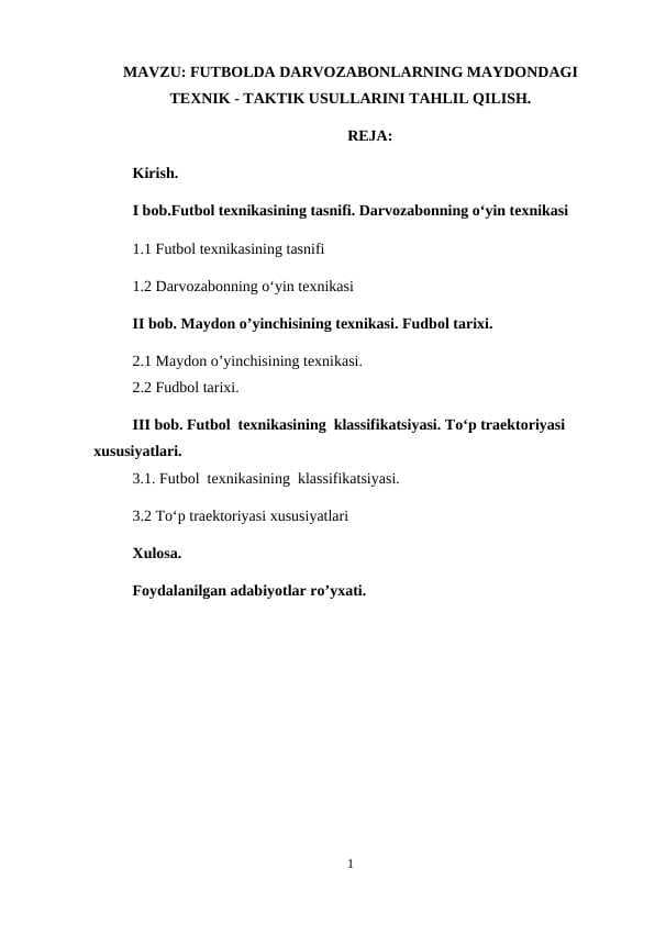 FUTBOLDA DARVOZABONLARNING MAYDONDAGI TEXNIK - TAKTIK USULLARINI TAHLIL QILISH