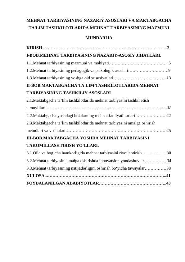 MEHNAT TARBIYASINING NAZARIY ASOSLARI VA MAKTABGACHA TA'LIM TASHKILOTLARIDA MEHNAT TARBIYASINING MAZMUNI