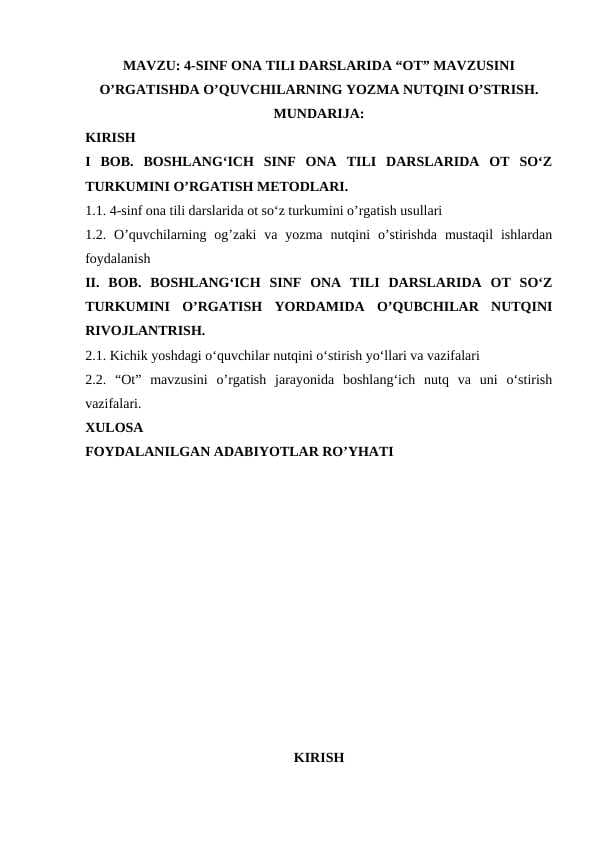 4-sinf ona tili darslarida Ot mavzusini o'rgatishda o'quvchilarning yozma nutqini o'strish