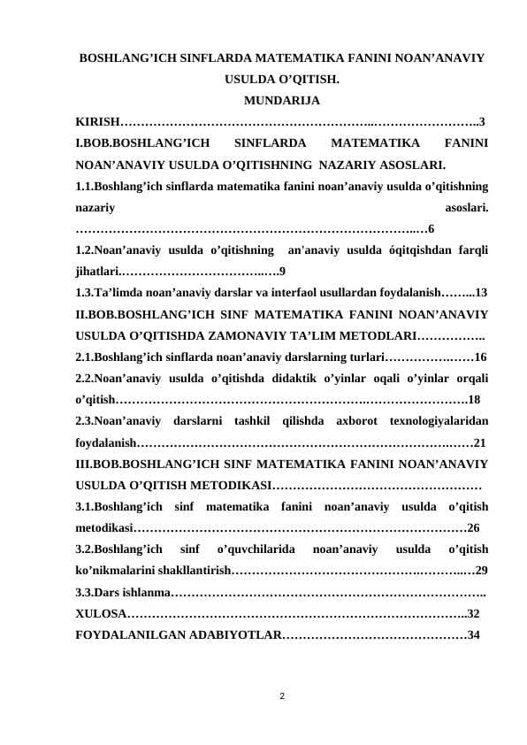 BOSHLANG’ICH SINFLARDA MATEMATIKA FANINI NOAN’ANAVIY USULDA O’QITISH