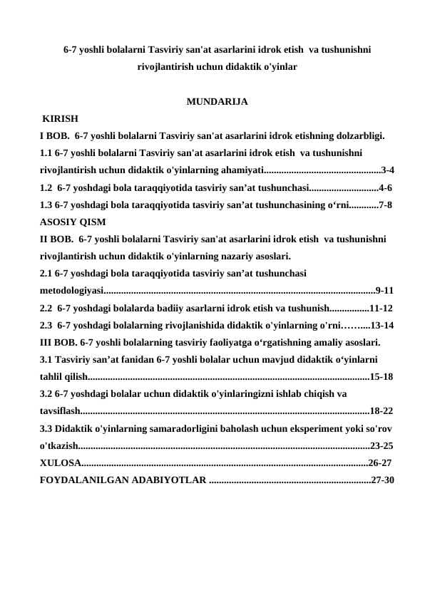 6-7 yoshli bolalarni Tasviriy san'at asarlarini idrok etish  va tushunishni rivojlantirish uchun didaktik o'yinlar