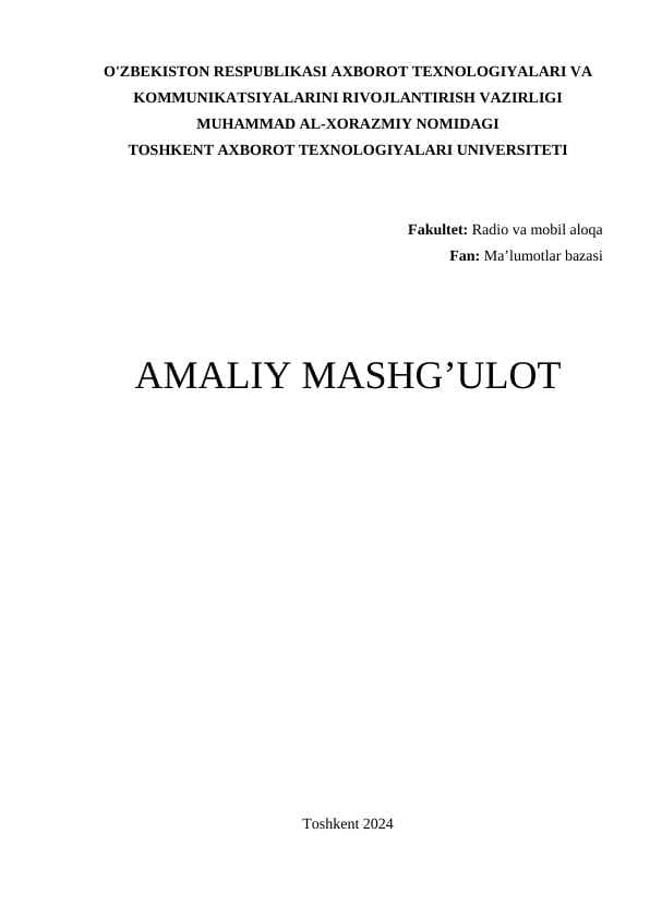 Ma`lumotlar bazasini loyihalash. Mohiyat – aloqa diagrammasini qurish (ER modeli).