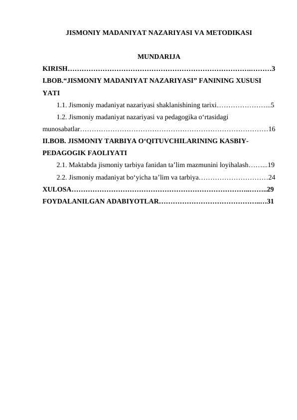 JISMONIY MADANIYAT NAZARIYASI VA METODIKASI