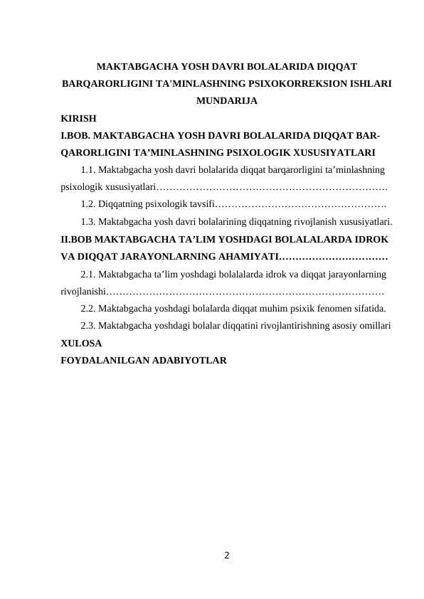 MAKTABGACHA YOSH DAVRI BOLALARIDA DIQQAT BARQARORLIGINI TA'MINLASHNING PSIXOKORREKSION ISHLARI
