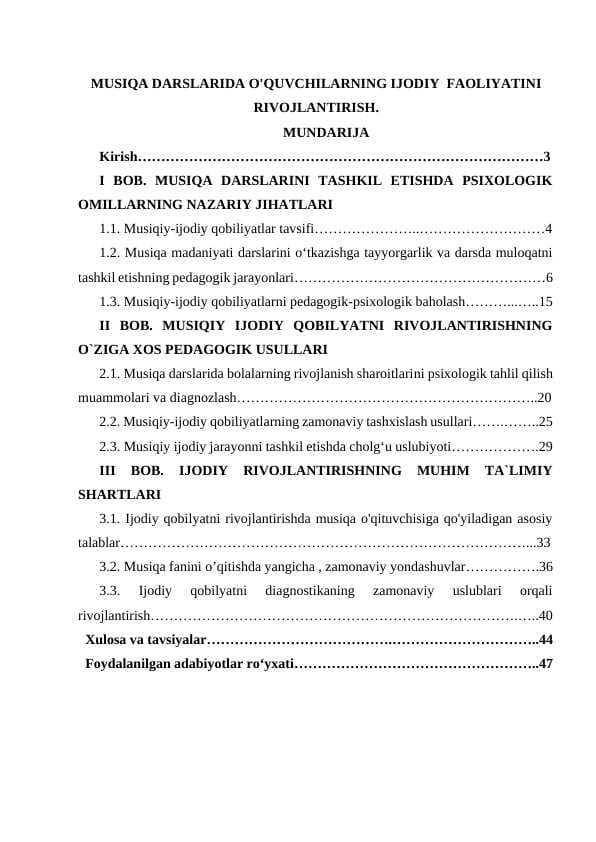 MUSIQA DARSLARIDA O'QUVCHILARNING IJODIY  FAOLIYATINI RIVOJLANTIRISH.
