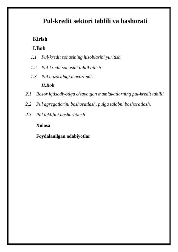 Pul-kredit sektori tahlili va bashorati