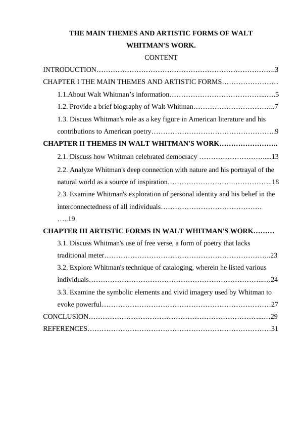THE MAIN THEMES AND ARTISTIC FORMS OF WALT  WHITMAN'S WORK