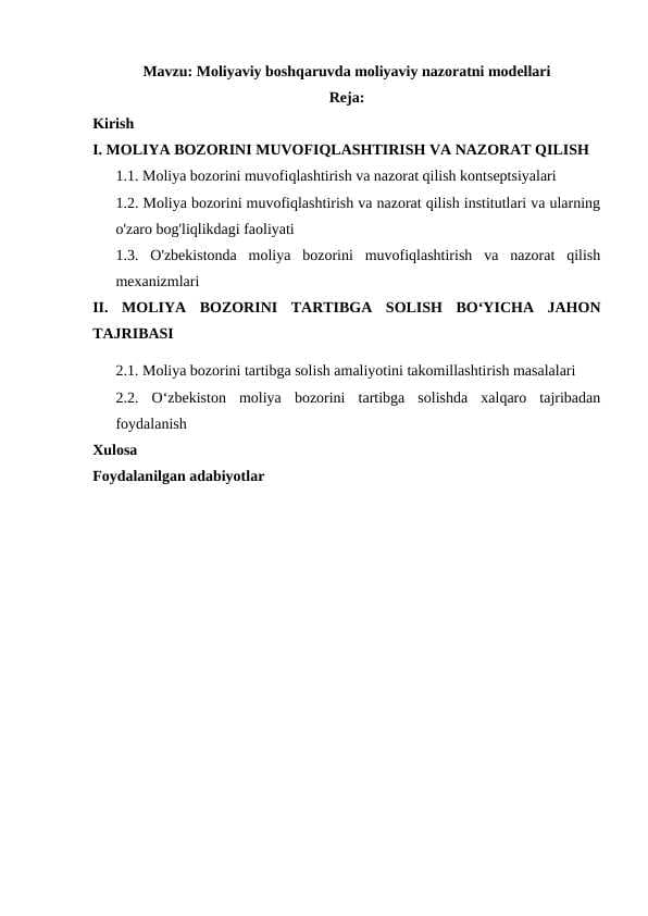 Moliyaviy boshqaruvda moliyaviy nazoratni modellari