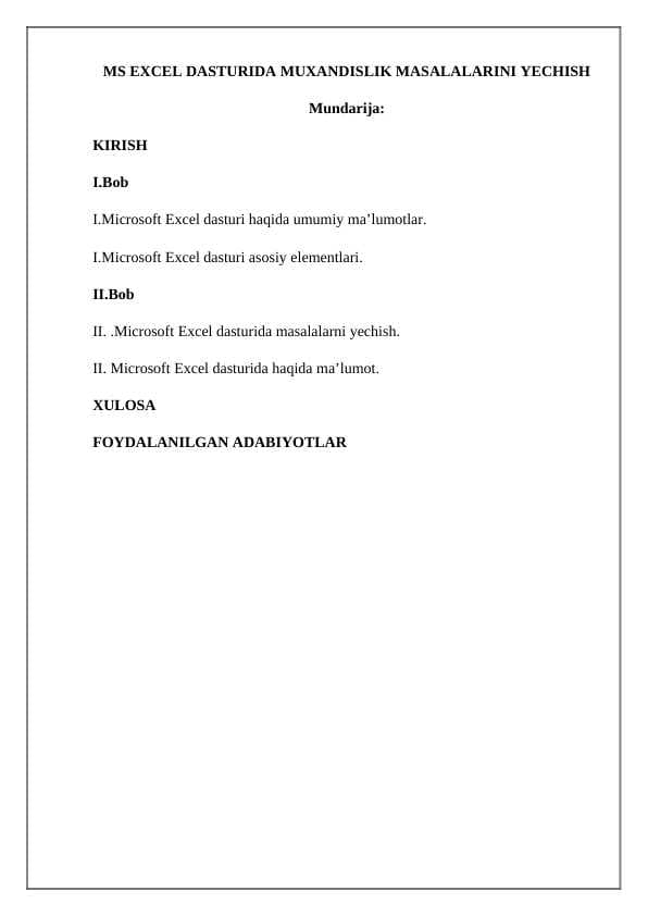 MS EXCEL DASTURIDA MUXANDISLIK MASALALARINI YECHISH