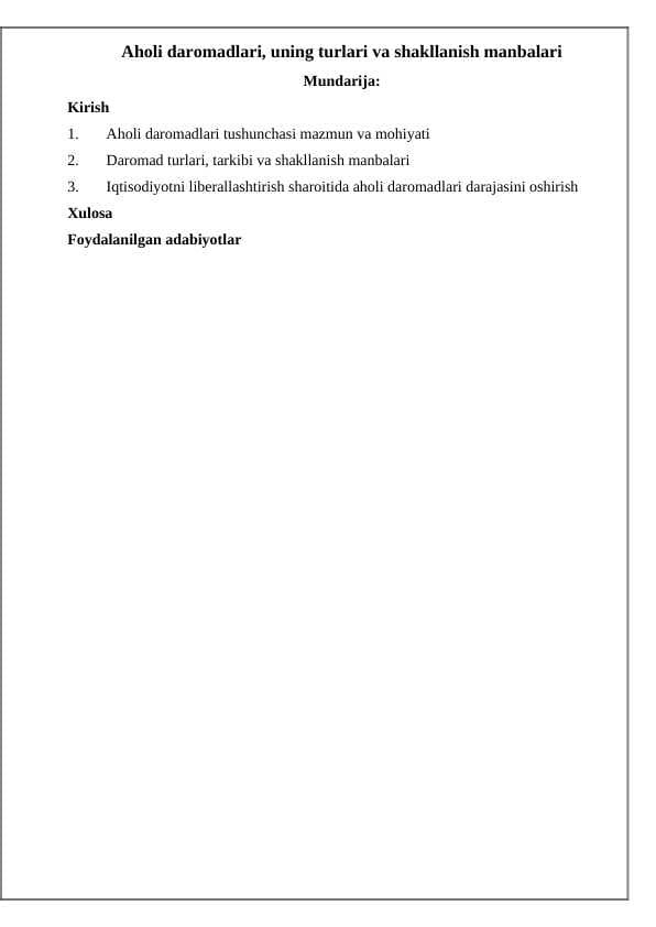 Aholi daromadlari, uning turlari va shakllanish manbalari