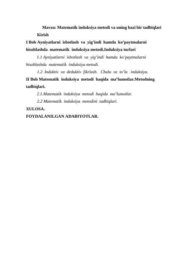 Matematik induksiya metodi va uning bazi bir tadbiqlari