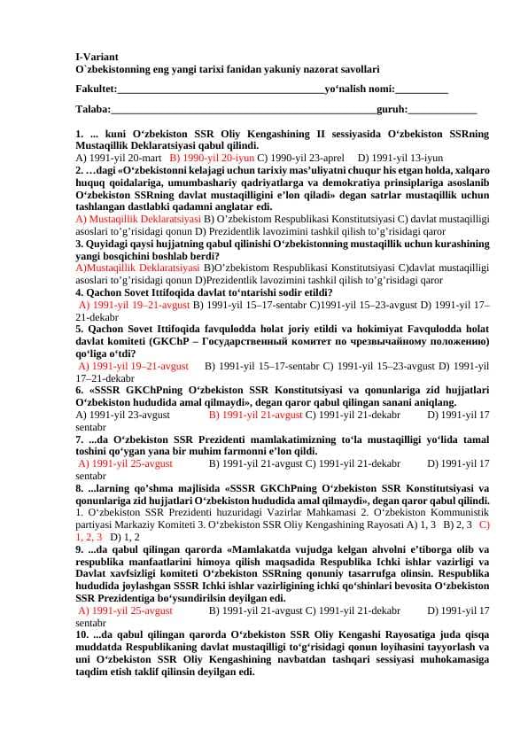O`zbekistonning eng yangi tarixi fanidan yakuniy nazorat savollari