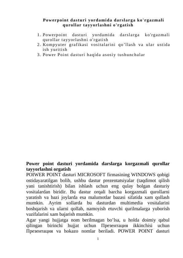 Powerpoint dasturi yordamida darslarga ko'rgazmali qurollar tayyorlashni o'rgatish