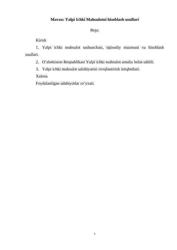 Yalpi Ichki Mahsulotni hisoblash usullari (kurs ishi)