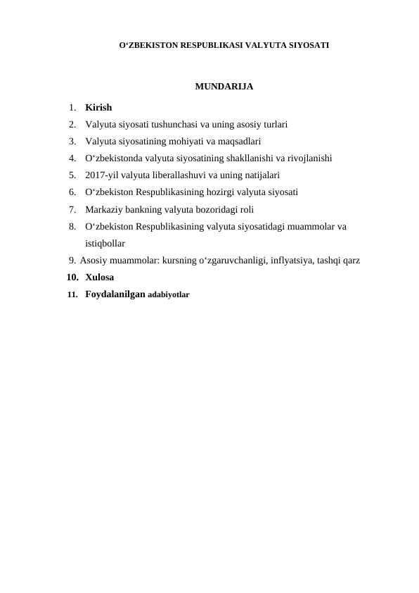 O‘ZBEKISTON RESPUBLIKASI VALYUTA SIYOSATI  KURS ishi