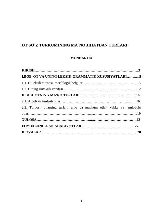 KURS ISHI. Ot so`z turkumining ma`no jihatdan turlari