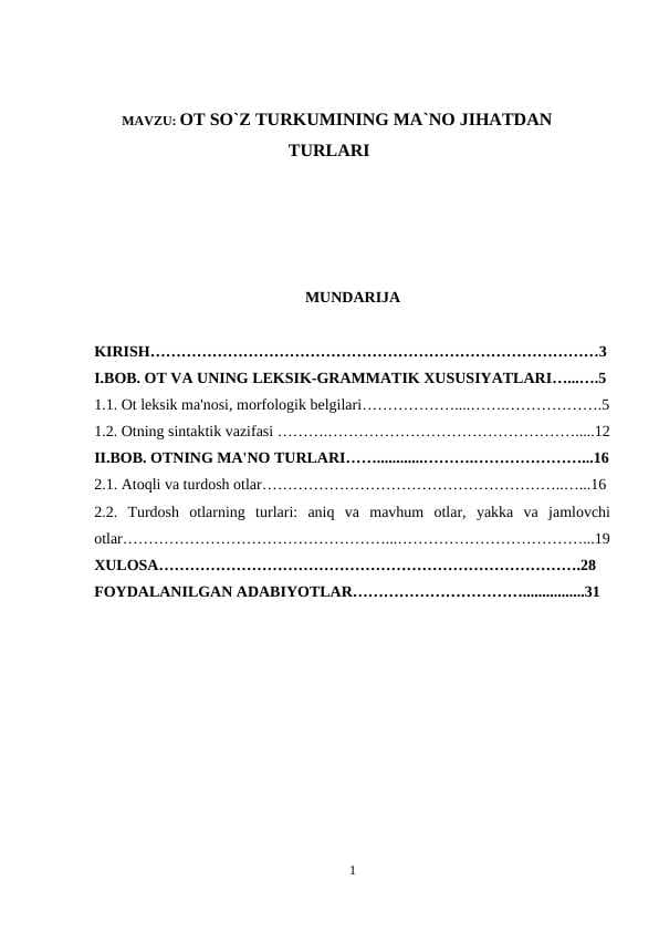KURS ISHI. ot so`z turkumining turlari