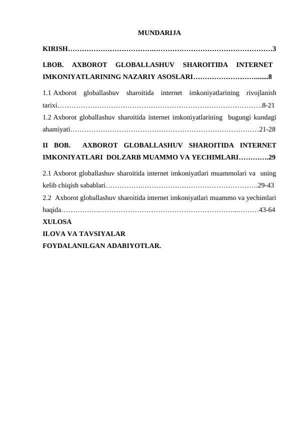 AXBOROT GLOBALLASHUV SHAROITIDA INTERNET IMKONIYATLARI