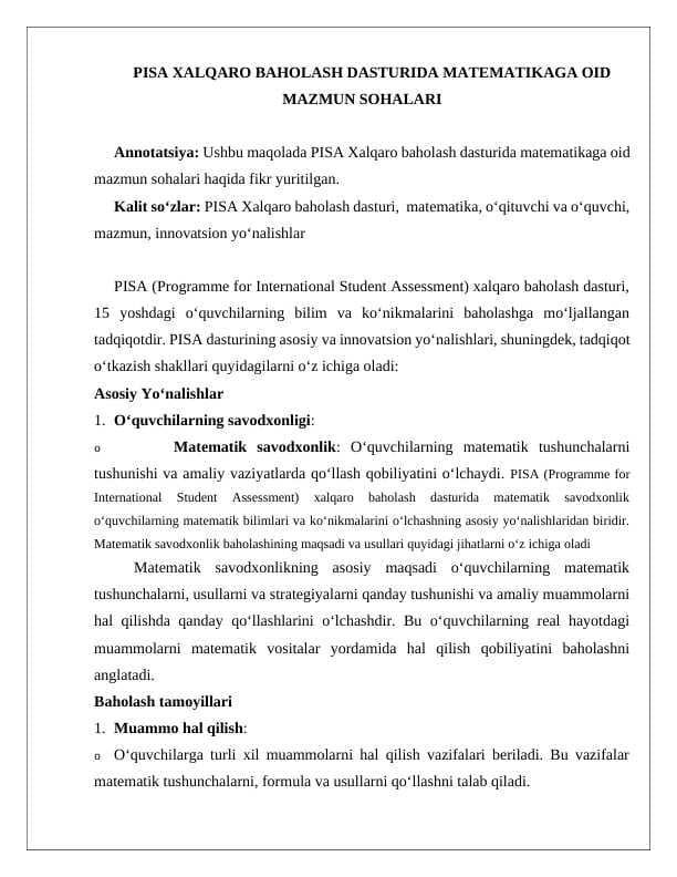 PISA XALQARO BAHOLASH DASTURIDA MATEMATIKAGA OID MAZMUN SOHALARI