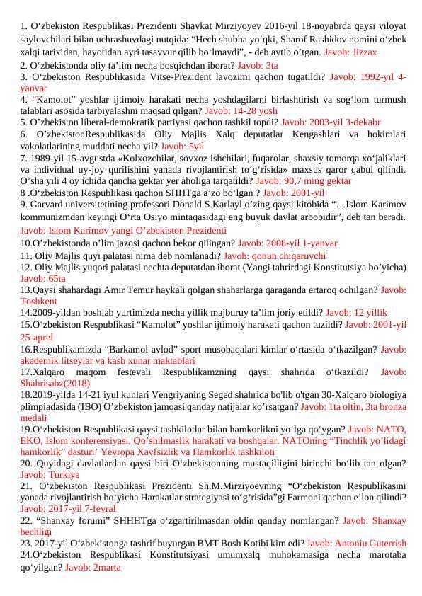 O'zbekiston Yangi tarix savollar javoblari bilan