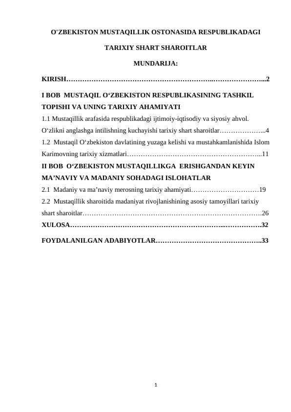 O'ZBEKISTON MUSTAQILLIK OSTONASIDA RESPUBLIKADAGI TARIXIY SHART SHAROITLAR