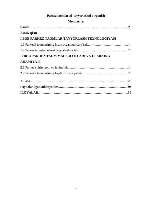 Parxez taomlarini  tayyorlashni oʻrganish