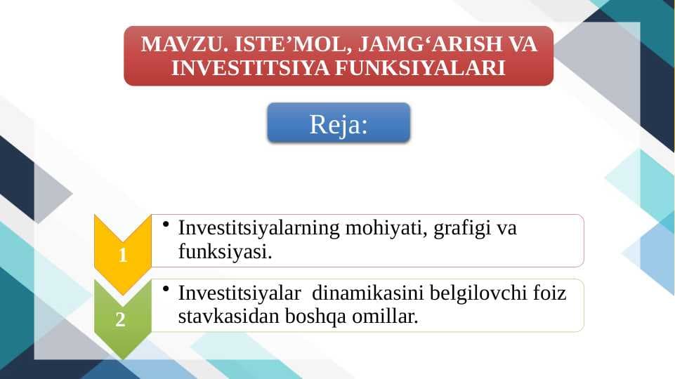 ISTE’MOL, JAMG‘ARISH VA INVESTITSIYA FUNKSIYALARI