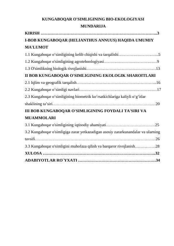 KUNGABOQAR O'SIMLIGINING BIO-EKOLOGIYASI