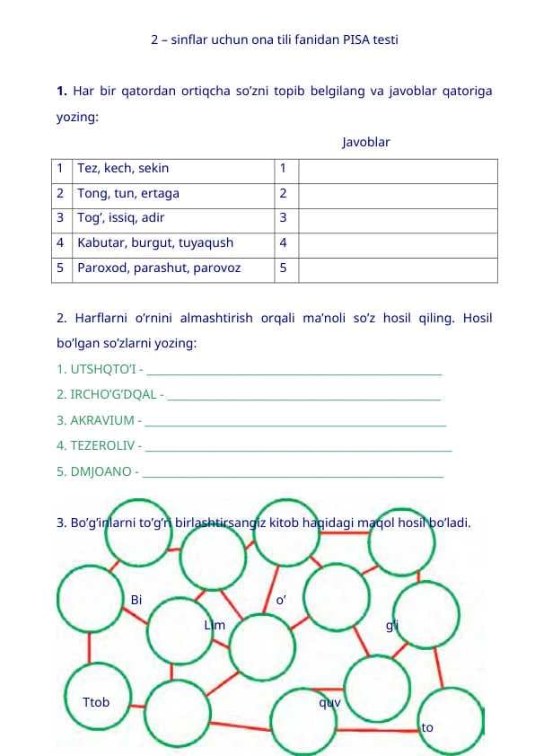 2 – sinflar uchun ona tili fanidan PISA testi