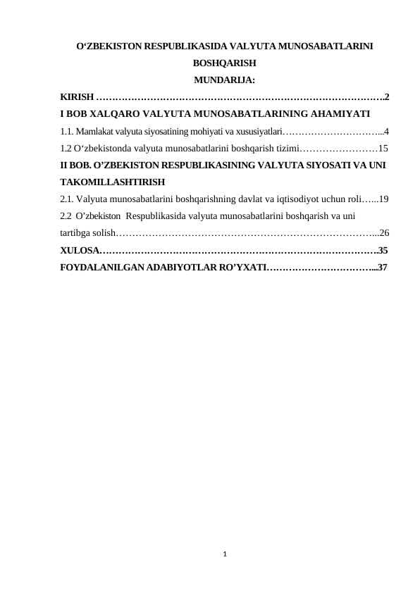 OʻZBEKISTON RESPUBLIKASIDA VALYUTA MUNOSABATLARINI BOSHQARISH