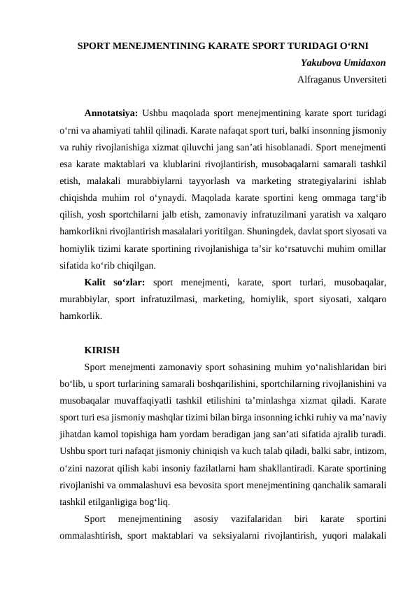 Sport menejmentining karate sport turidagi oʻrni