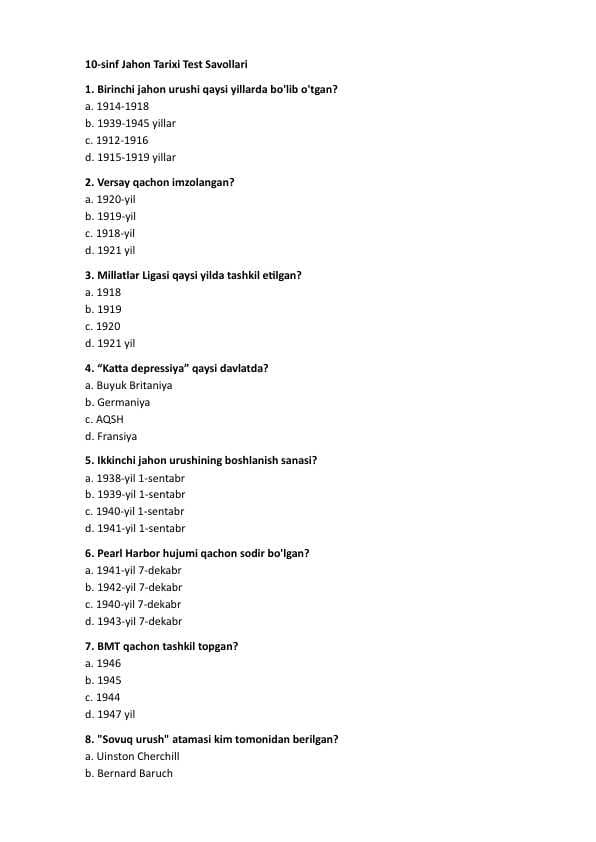 10 sinf Jahon tarixi test