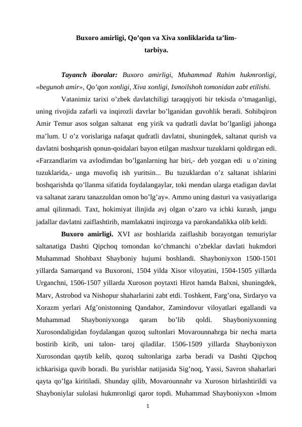 Buxoro amirligi, Qo’qon va Xiva xonliklarida ta’lim- tarbiya.
