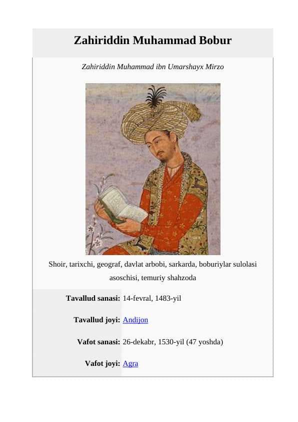 Zahiriddin Muhammad Boburning hayot yo'li