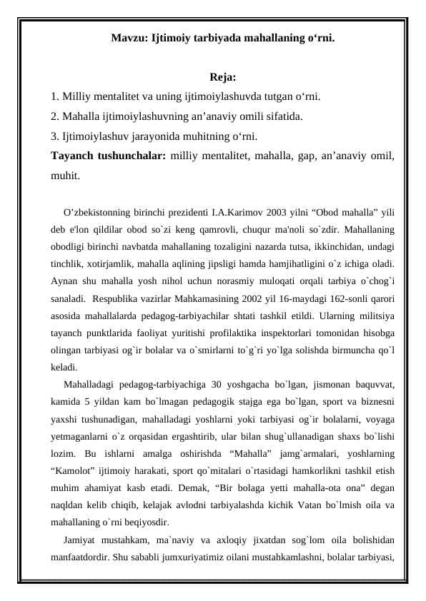 Ijtimoiy tarbiyada mahallaning o‘rni.